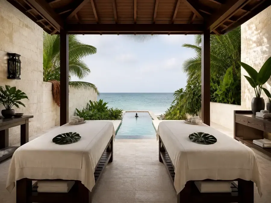 Open-air Jamaican spa pavilion overlooking the Caribbean